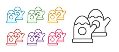 Beyaz arkaplanda izole edilmiş bir çift örgü Noel eldiveni simgesi ayarla. Mitten simgesi. Mutlu Noeller ve mutlu yıllar. Simgeleri renklendirin. Vektör