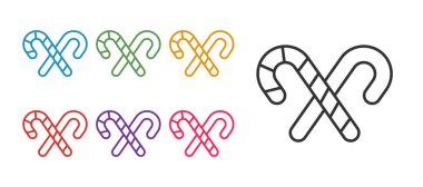 Beyaz arka planda izole edilmiş çizgili Noel şekeri çizgisi. Mutlu Noeller ve mutlu yıllar. Simgeleri renklendirin. Vektör