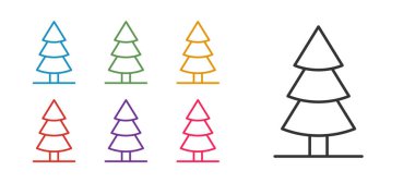 Beyaz arkaplanda izole edilmiş bir Noel ağacı simgesi belirle. Mutlu Noeller ve mutlu yıllar. Simgeleri renklendirin. Vektör