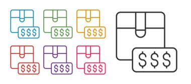Beyaz arkaplanda dolar simgesiyle fiyat etiketini ayarla. Rozet fiyatına. Dolar sembollü indirim. Reklam etiketi indirimi. Simgeleri renklendirin. Vektör