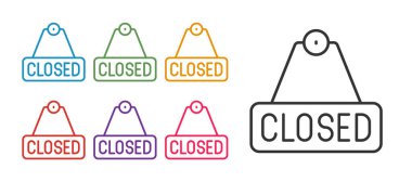 Satır asma işaretini beyaz arkaplanda izole edilmiş metin kapatılmış simgeyle ayarla. Kafe ya da restoran için iş teması. Simgeleri renklendirin. Vektör