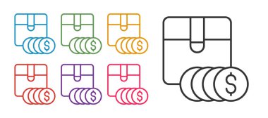 Beyaz arkaplanda dolar simgesiyle fiyat etiketini ayarla. Rozet fiyatına. Dolar sembollü indirim. Reklam etiketi indirimi. Simgeleri renklendirin. Vektör
