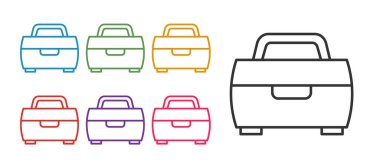 Hattı ayarlayın. Sallanan kutu kutusu ve balıkçılık ekipmanı ikonu beyaz arka planda izole edildi. Balık oltası. Simgeleri renklendirin. Vektör