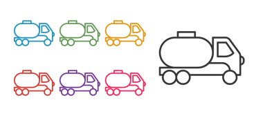 Tanker kamyon simgesi beyaz arkaplanda izole edildi. Petrol tankeri, petrol kamyonu, sarnıç, petrol karavanı. Simgeleri renklendirin. Vektör