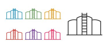 Beyaz arkaplanda petrol depolama simgesini ayır. Petrol ve gaz endüstrisi için gemi deposu. Petrol tankı teknoloji istasyonu. Simgeleri renklendirin. Vektör