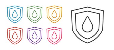 Beyaz arkaplanda izole edilmiş kalkan simgesine yağ düşüşünü ayarla. Simgeleri renklendirin. Vektör