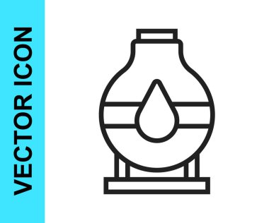 Beyaz arka planda siyah çizgi petrol depolama ikonu izole edildi. Petrol ve gaz endüstrisi için gemi deposu. Petrol tankı teknoloji istasyonu. Vektör