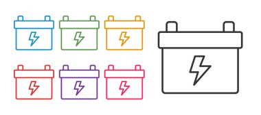 Çizgi araba aküsü simgesi beyaz arkaplanda izole edildi. Akümülatör bataryası enerji ve elektrik akümülatörü bataryası. Simgeleri renklendirin. Vektör