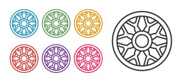 Araç simgesi için çizgi tekerleğini beyaz arkaplanda izole et. Simgeleri renklendirin. Vektör