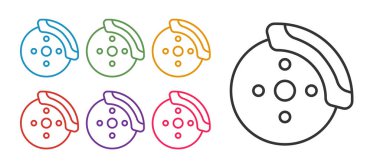 Caliper simgesi ile beyaz arkaplanda izole edilmiş çizgi oto fren diskini ayarla. Simgeleri renklendirin. Vektör