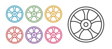 Araç simgesi için çizgi tekerleğini beyaz arkaplanda izole et. Simgeleri renklendirin. Vektör