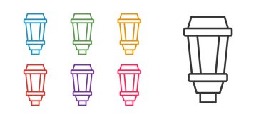 Hat çizgisi ışık ikonu beyaz arkaplanda izole edildi. Güneş enerjili lamba. Fener. Sokak lambası. Simgeleri renklendirin. Vektör