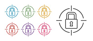 Satır Kilit simgesini beyaz arkaplanda izole et. Asma kilit işareti. Güvenlik, güvenlik, koruma, gizlilik kavramı. Simgeleri renklendirin. Vektör