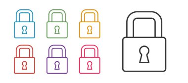 Satır Kilit simgesini beyaz arkaplanda izole et. Asma kilit işareti. Güvenlik, güvenlik, koruma, gizlilik kavramı. Simgeleri renklendirin. Vektör