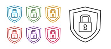 Beyaz arkaplanda kilit simgesi izole edilmiş çizgi kalkan güvenliğini ayarlayın. Koruma, güvenlik, şifre güvenliği. Güvenlik duvarı gizlilik levhası. Simgeleri renklendirin. Vektör