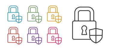 Beyaz arkaplanda kilit simgesi izole edilmiş çizgi kalkan güvenliğini ayarlayın. Koruma, güvenlik, şifre güvenliği. Güvenlik duvarı gizlilik levhası. Simgeleri renklendirin. Vektör