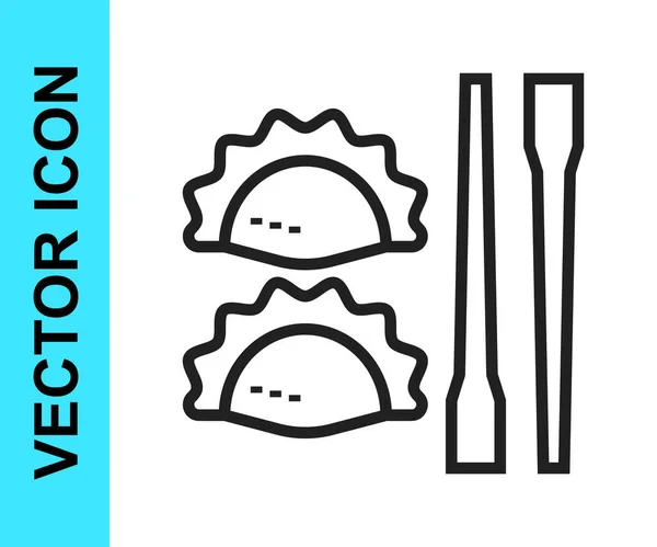 Dumpling Línea Negra Con Icono Palillos Aislados Sobre Fondo Blanco — Vector de stock