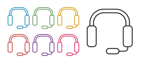 设置线耳机图标隔离在白色背景 听音乐 交流和操作员的概念 设置彩色图标 — 图库矢量图片