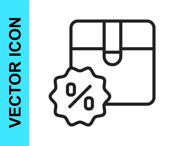 Ligne Noire Boîte Carton Avec Icône Étiquette Pourcentage Réduction Isolé — Image vectorielle