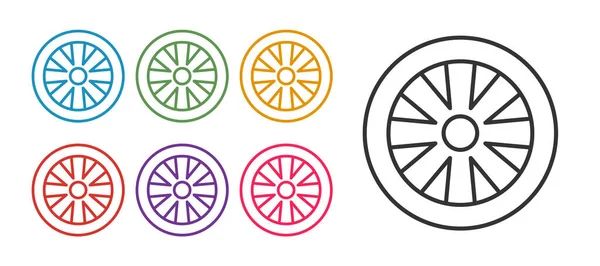 Araç simgesi için çizgi tekerleğini beyaz arkaplanda izole et. Simgeleri renklendirin. Vektör