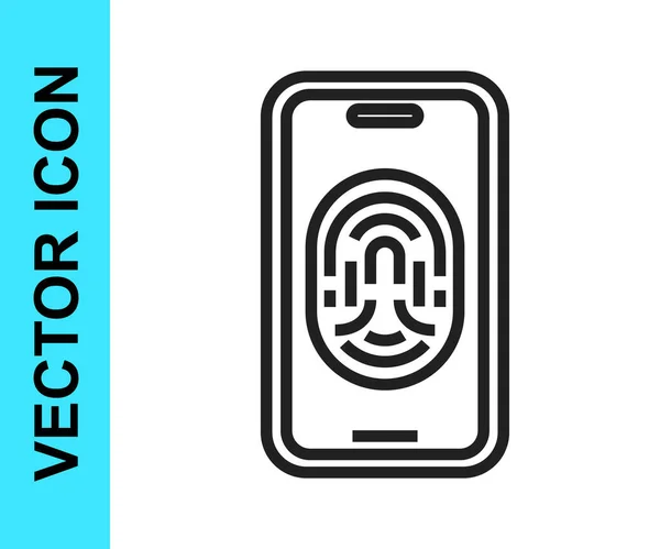 Black Line Smartphone Mit Fingerabdruckscanner Symbol Auf Weißem Hintergrund Sicherheitskonzept — Stockvektor