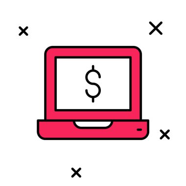 Beyaz arka planda izole edilmiş dolar simgesiyle dolu bir dizüstü bilgisayar. Dünyanın her yerine para göndermek, para transferi, online bankacılık, finansal işlemler. Vektör