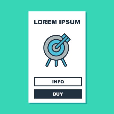 Doldurulmuş ana hatlı Hedef Finansal Hedef kavramı ikonu turkuaz arka planda izole edildi. Sembolik hedeflere ulaşım, başarı. Vektör