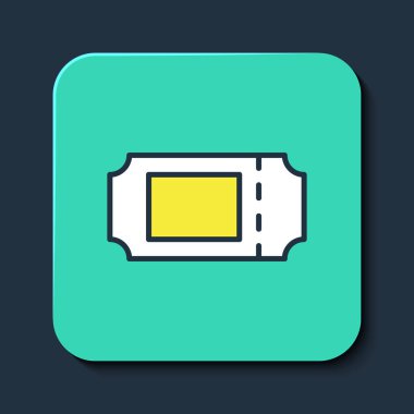 Doldurulmuş Sinema bileti simgesi mavi arkaplanda izole edildi. Turkuaz kare düğme. Vektör