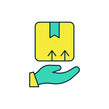 Beyaz arkaplanda izole edilmiş karton kutu simgesiyle ana hatları doldurulmuş teslimat eli. Kuryeyle kapı kapı dolaşacağız. Vektör