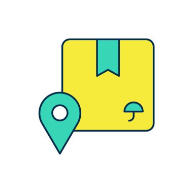 Beyaz arkaplanda izole edilmiş karton kutu simgesi ile ana hatları doldurulmuş konum. Teslimat hizmetleri, lojistik ve ulaşım, dağıtım. Vektör