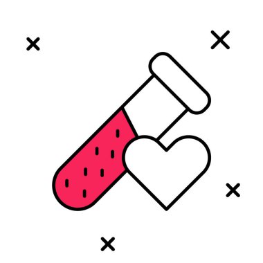 Beyaz arka planda izole edilmiş, ana hatlı test tüpü ya da kan ikonuyla dolu bir şişe. Laboratuvar, kimyasal, bilimsel cam levha. Vektör