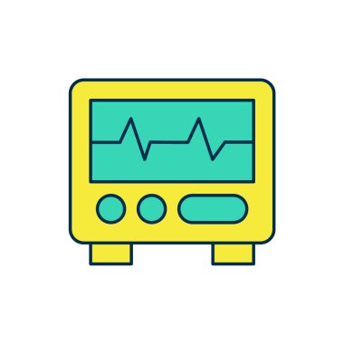 Beyaz arkaplanda izole edilmiş kardiyogram simgesiyle dolu ana hatlı bilgisayar monitörü. Simge denetleniyor. Kalp atışı elle çizilmiş EKG monitörü. Vektör