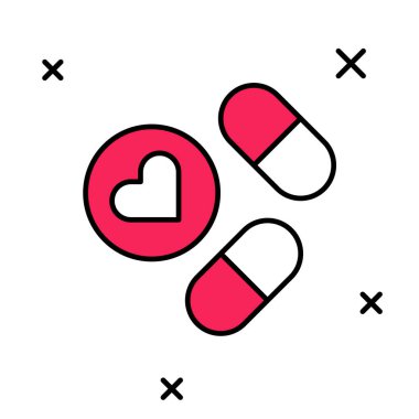 Beyaz arka planda izole edilmiş ana hatlı ilaç veya tablet ikonu. Kapsül hapı ve uyuşturucu işareti. Eczane tasarımı. Vektör