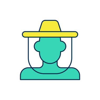 Beyaz arkaplanda izole edilmiş şapka ikonu ile ana hatlarıyla doldurulmuş arıcı. Özel koruyucu üniforma. Vektör