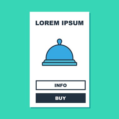 Turkuaz arka planda izole edilmiş bir tepsi yemek ikonu ile kaplanmış. Tepsi ve kapak işareti. Kapaklı bir restoran saati. Vektör