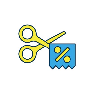 Doldurulmuş makas, beyaz arkaplanda izole edilmiş indirim kuponu simgesini keser. Online bir süpermarkette düşük fiyattan ya da yarı fiyatına satış yapma fikri. Vektör