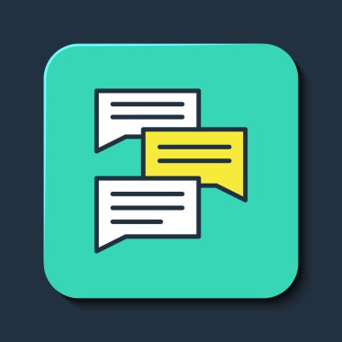 Özet oluşturulmuş konuşma balonu sohbet simgesi mavi arkaplanda izole edildi. İleti simgesi. İletişim ya da yorum sohbet sembolü. Turkuaz kare düğme. Vektör