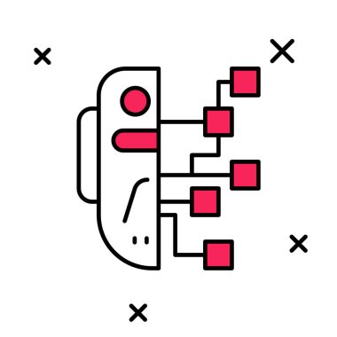Beyaz arkaplanda izole edilmiş ana hatlı İnsansı robot simgesi. Yapay zeka, makine öğrenme, bulut hesaplama. Vektör