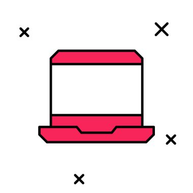 Doldurulmuş dizüstü bilgisayar simgesi beyaz arkaplanda izole edildi. Boş ekran işaretli bilgisayar defteri. Vektör