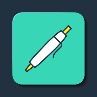 Doldurulmuş kalem simgesi mavi arkaplanda izole edildi. Turkuaz kare düğme. Vektör