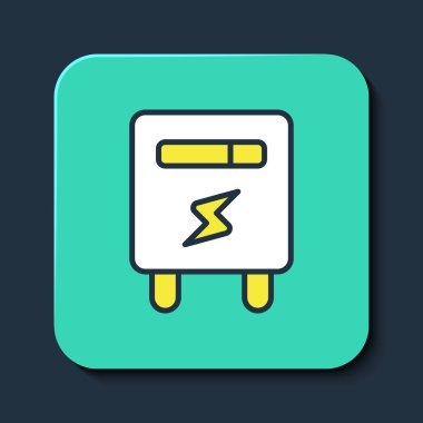 Doldurulmuş elektrik sayacı simgesi mavi arkaplanda izole edildi. Turkuaz kare düğme. Vektör