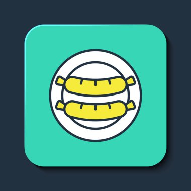 Doldurulmuş ana hatlı Sosis simgesi mavi arkaplanda izole edildi. Izgara sosis ve aroma işareti. Turkuaz kare düğme. Vektör