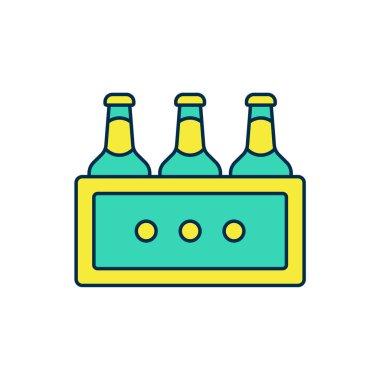 Beyaz arka planda izole edilmiş bir paket bira şişesi ikonu. Tahta kutu ve bira şişeleri. Kutu bira kutusu tabelası. Vektör