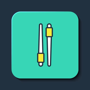 Doldurulmuş yemek çubukları simgesi mavi arka planda izole edilmiş. Asya yemekleri için tahta Kore çubukları. Doğulu aletler. Turkuaz kare düğme. Vektör