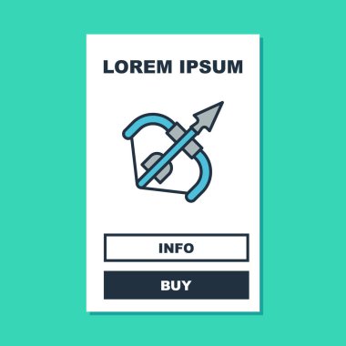 Ortaçağ yay ve ok simgesi doldurulmuş, turkuaz arka planda izole edilmiş. Ortaçağ silahı. Vektör