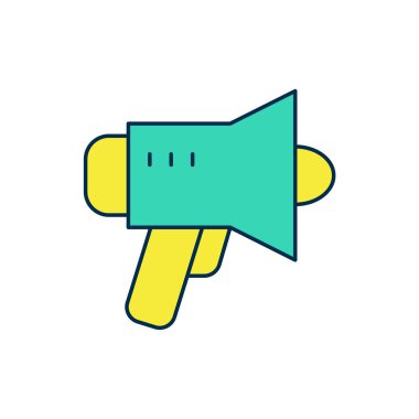 Doldurulmuş ana hatlı Megafon simgesi beyaz arkaplanda izole edildi. Sözcü işareti. Vektör