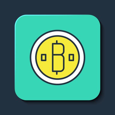 Mavi arka planda izole edilmiş Kripto Para Simgesi Doldurulmuş. Madeni para. Engelleme zinciri tabanlı şifreli para birimi. Turkuaz kare düğme. Vektör