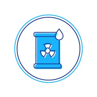 Beyaz arka planda izole edilmiş varil simgesinde radyoaktif atık var. Zehirli atık fıçısı. Radyoaktif atık emisyonları, çevre kirliliği. Vektör