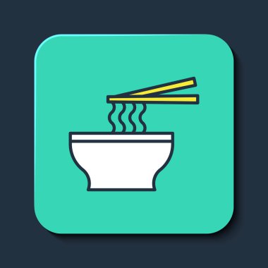 Mavi arka planda izole edilmiş ana hatlı Asya erişteleri ve yemek çubukları ikonu. Sokak yemeği. Kore, Japon, Çin yemekleri. Turkuaz kare düğme. Vektör