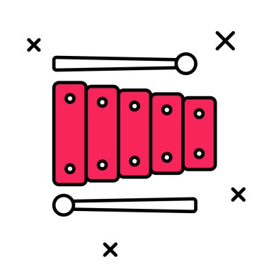 Xylophone ana hatlarıyla doldurulmuş - 13 tahta çubuklu müzik aleti ve beyaz arka planda izole edilmiş iki perküsyon tokmağı. Vektör